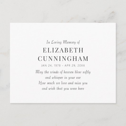 Carte Postale Faire-part Mémorial Moderne Simple En Souvenir Affectueux (Devant)
