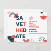 Carte Postale Faire-part Memphis Style Abstrait Mariage Bleu & Rouge Save T (Devant / Derrière)