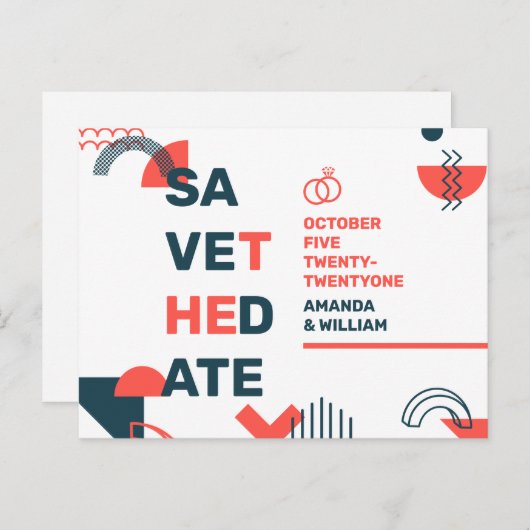 Carte Postale Faire-part Memphis Style Abstrait Mariage Bleu & Rouge Save T (Devant / Derrière)