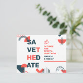 Carte Postale Faire-part Memphis Style Abstrait Mariage Bleu & Rouge Save T (Debout devant)