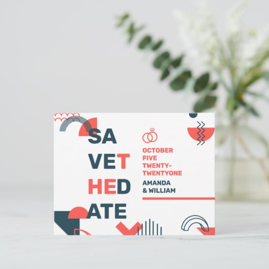 Carte Postale Faire-part Memphis Style Abstrait Mariage Bleu & Rouge Save T (Debout devant)