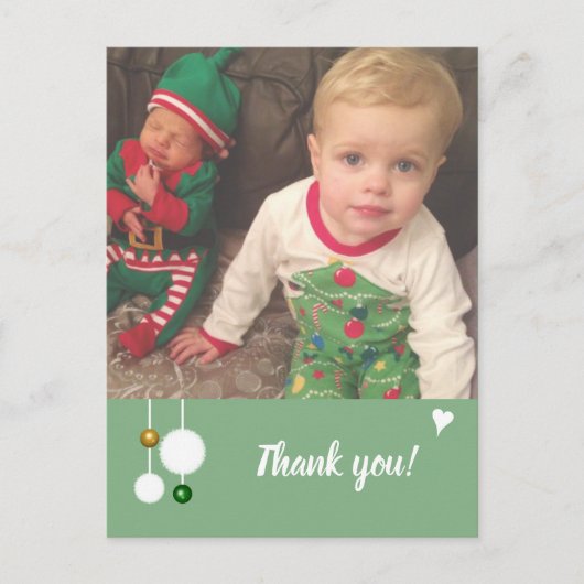 Carte Postale Faire-part Merci de Noël cadeaux vert avec photo (Devant)