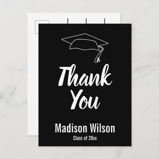 Carte Postale Faire-part Merci Grad's Name Black and White Graduation (Devant / Derrière)