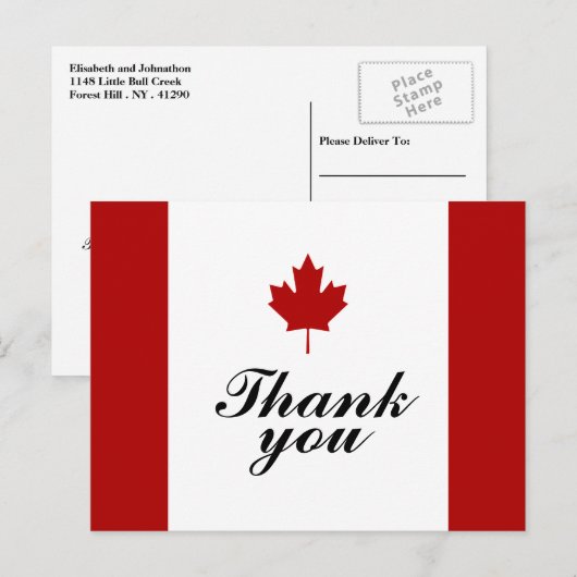 Carte Postale Faire-part Merci Mariage du drapeau canadien (Devant / Derrière)