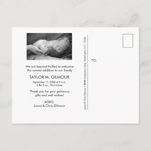 Carte Postale Faire-part Merci moderne Script Baby 2 Photos (Dos)