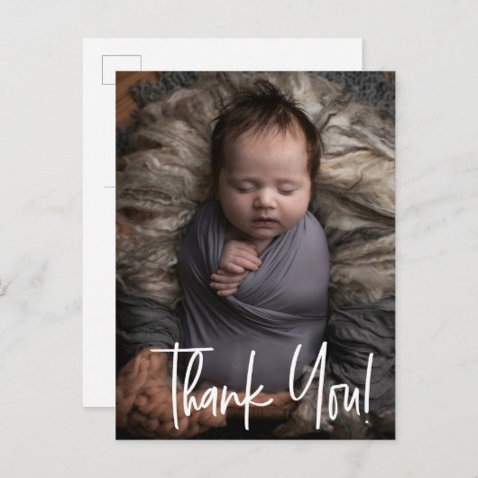 Carte Postale Faire-part Merci moderne Script bébé garçon photo naissance (Devant / Derrière)
