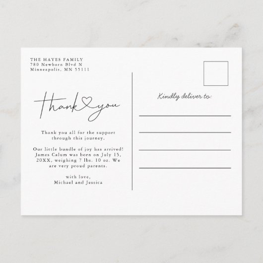 Carte Postale Faire-part Merci photo bébé Script Coeur naissance (Dos)