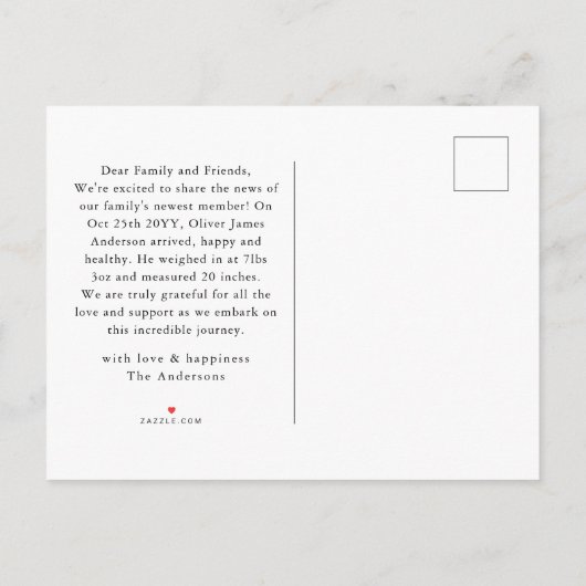 Carte Postale Faire-part Merci photo minimal pour bébé moderne Script Coeur (Dos)