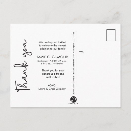 Carte Postale Faire-part Merci Script bleu moderne bébé photo naissance (Dos)