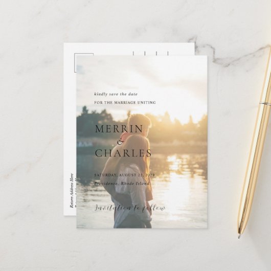 Carte Postale Faire-part Merrin Photo Mariage élégant Enregistrer la date (Devant/Arrière en situation)