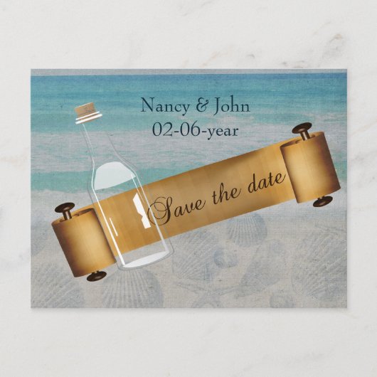 Carte Postale Faire-part Message dans une bouteille Mariage de plage (Devant)