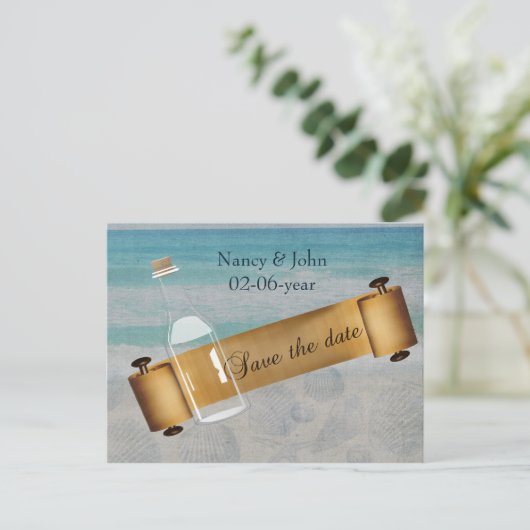 Carte Postale Faire-part Message dans une bouteille Mariage de plage (Debout devant)