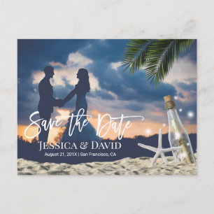 Carte Postale Faire-part Message de mariage sur la plage dans une bouteille