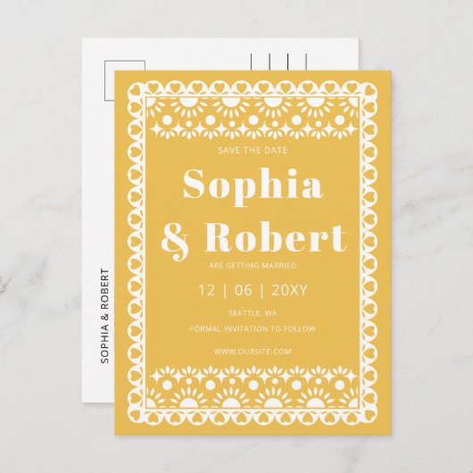 Carte Postale Faire-part Mexicaine Fiesta Yellow Papel Picado Enregistrer l (Devant / Derrière)