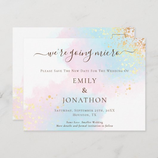 Carte Postale Faire-part Micro mariage bleu rose aquarelle Save The Date (Devant / Derrière)