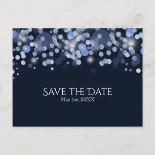Carte Postale Faire-part Midnight Blue Bokeh Lights Wedding Enregistrer la