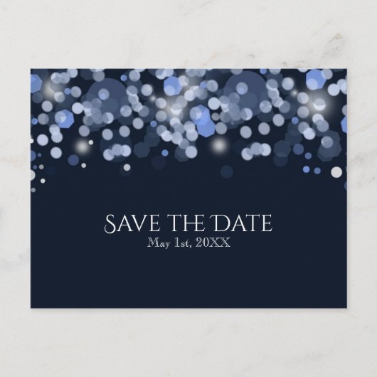 Carte Postale Faire-part Midnight Blue Bokeh Lights Wedding Enregistrer la  (Devant)
