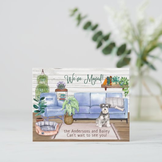 Carte Postale Faire-part Mignon Schnauzer Nouveau Demeure Confortable Démén (Debout devant)