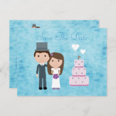 Carte Postale Faire-part Mignonne Mariée Cartoon, Groom & Gâteau Enregistre (Devant / Derrière)