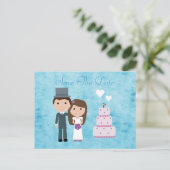 Carte Postale Faire-part Mignonne Mariée Cartoon, Groom & Gâteau Enregistre (Debout devant)