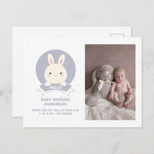 Carte Postale Faire-part Mignonne Un lapin Simple Élégant Photo Bébé Naissa (Devant / Derrière)