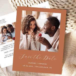 Carte Postale Faire-part Mini 2-Photo Script Terracotta Enregistrer la date