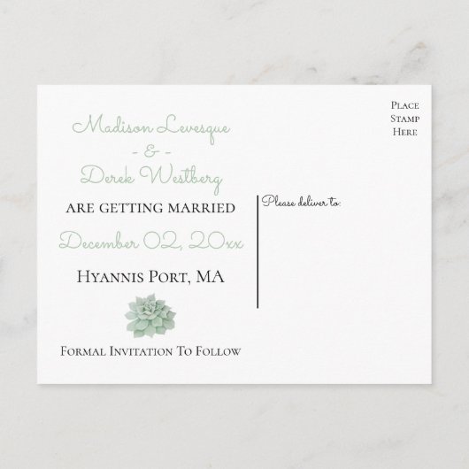 Carte Postale Faire-part Mint Green Enregistrer La Date Succulent Cactus Ma (Dos)