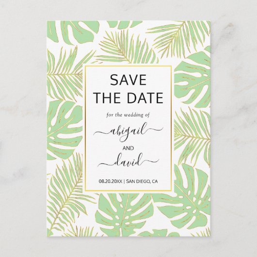 Carte Postale Faire-part Mint green tropical mariage feuille Enregistrer la (Devant)
