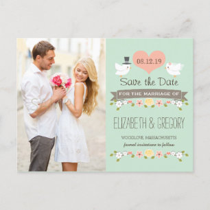 CARTE POSTALE FAIRE-PART MINT OISEAUX DE L'AMOUR COLOMBE SAUVEGARDEZ LA DAT