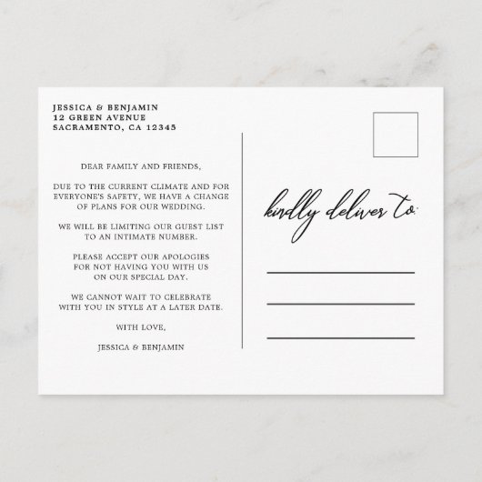 Carte Postale Faire-part Mise à jour de mariage | Mariage plus intime (Dos)