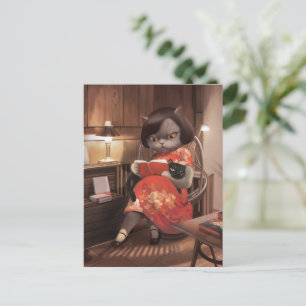 Carte Postale Faire-part Miss Meow – Temps de lecture pour chat vintage