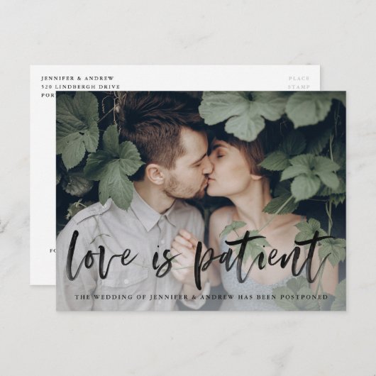 Carte Postale Faire-part Modern Brush Script Love is Patient Postponement (Devant / Derrière)