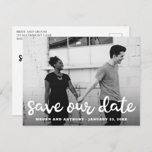 Carte Postale Faire-part Modern Fun Script Photo Enregistrer la date (Devant / Derrière)