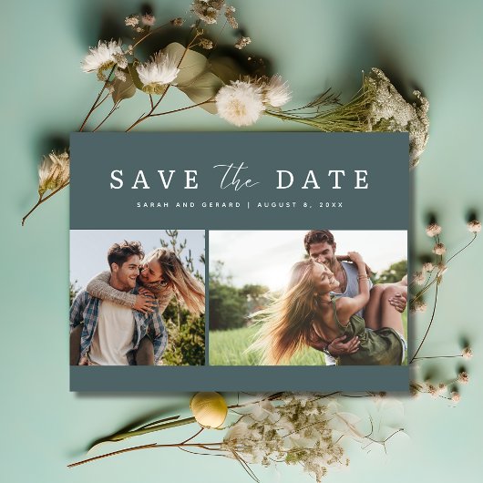 Carte Postale Faire-part Modern Green Deux photo mariage Sauvez la date
