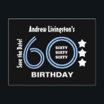 Carte Postale Faire-part Modern Save the Date 60th Birthday Party V70B<br><div class="desc">60e Anniversaire Bleu et Blanc rayé Nombre avec étoiles. Voici un anniversaire moderne et tendance, à l'exception de la carte postale de date avec des lettres amusantes. Tout le texte est personnalisable, vous pouvez donc personnaliser avec un nom, changer l'année si vous le souhaitez, et ajouter les détails de votre...</div>