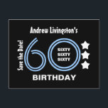 Carte Postale Faire-part Modern Save the Date 60th Birthday Party V70B<br><div class="desc">60e Anniversaire Bleu et Blanc rayé Nombre avec étoiles. Voici un anniversaire moderne et tendance, à l'exception de la carte postale de date avec des lettres amusantes. Tout le texte est personnalisable, vous pouvez donc personnaliser avec un nom, changer l'année si vous le souhaitez, et ajouter les détails de votre...</div>