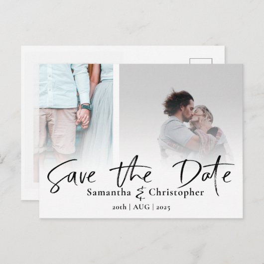 Carte Postale Faire-part Modern Save the Date Élégant Script Photo Collage (Devant / Derrière)