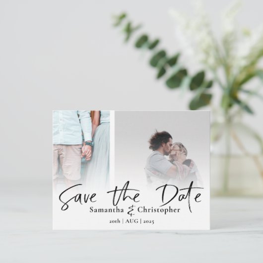 Carte Postale Faire-part Modern Save the Date Élégant Script Photo Collage (Debout devant)