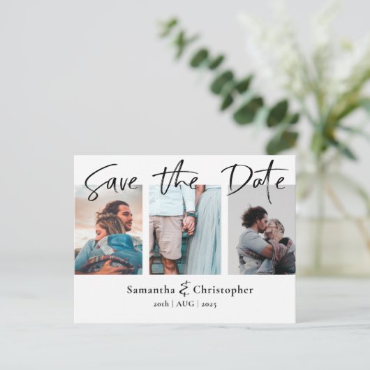 Carte Postale Faire-part Modern Save the Date Élégant Script Photo Collage (Debout devant)