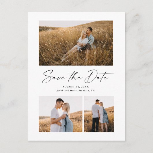 Carte Postale Faire-part Modern Script 3 Photo Mariage Enregistrer La Date (Devant)