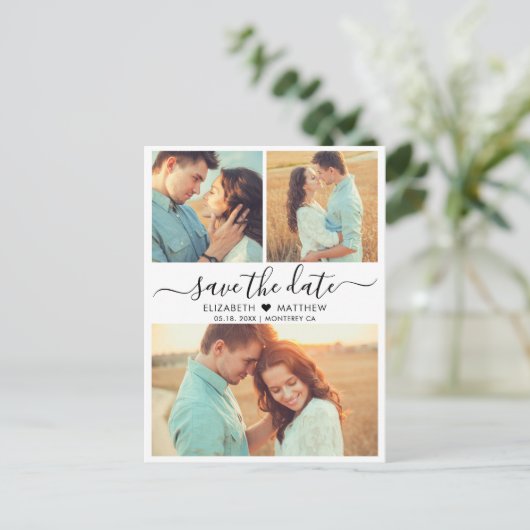 Carte Postale Faire-part Modern Script Heart 3 Photo Collage Enregistrer La (Debout devant)