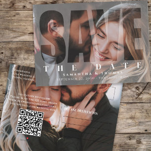 Carte Postale Faire-part Modern Two Photo QR Code Enregistrer la date Overl