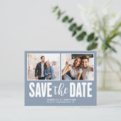 Carte Postale Faire-part Moderne 2 Photo Dusty Blue Sauvez la date (Debout devant)
