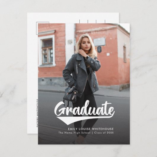 Carte Postale Faire-part Moderne 2 Photos Graduation 2025 Script Grad (Devant / Derrière)