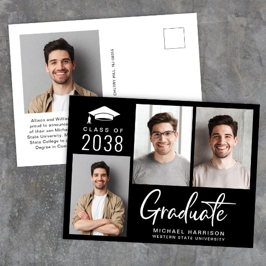 Carte Postale Faire-part Moderne 3 Photo Bold Script noir Graduation