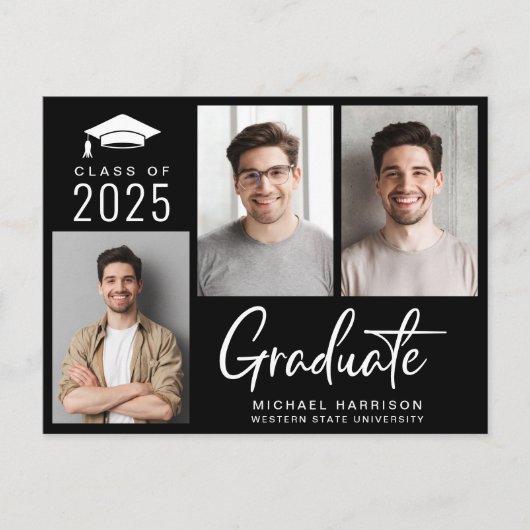 Carte Postale Faire-part Moderne 3 Photo Bold Script noir Graduation (Devant)