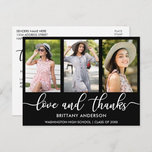 Carte Postale Faire-part Moderne 3 Photo Graduation Amour et Merci (Devant / Derrière)