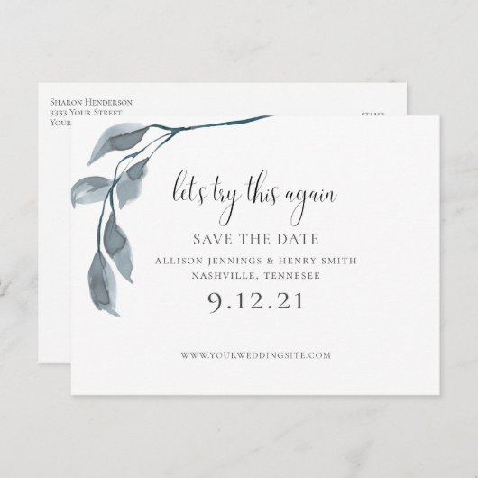 Carte Postale Faire-part Moderne Bleu Changer la date de mariage Enregistre (Devant / Derrière)