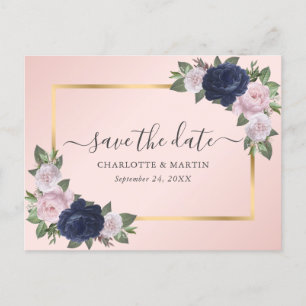 Carte Postale Faire-part Moderne Blush Navy Blue Gold Floral Enregistrer La