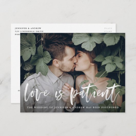 Carte Postale Faire-part Moderne brosse script Amour est patient report (Devant / Derrière)